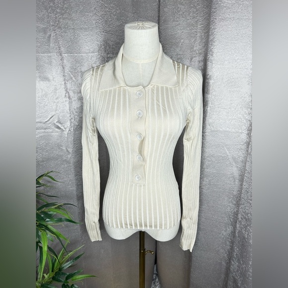 NEW GOOD AMERICAN Women’s Ribbed-Knit Polo Sweater in Ecru Sz 00/0 - Picture 3 of 13
